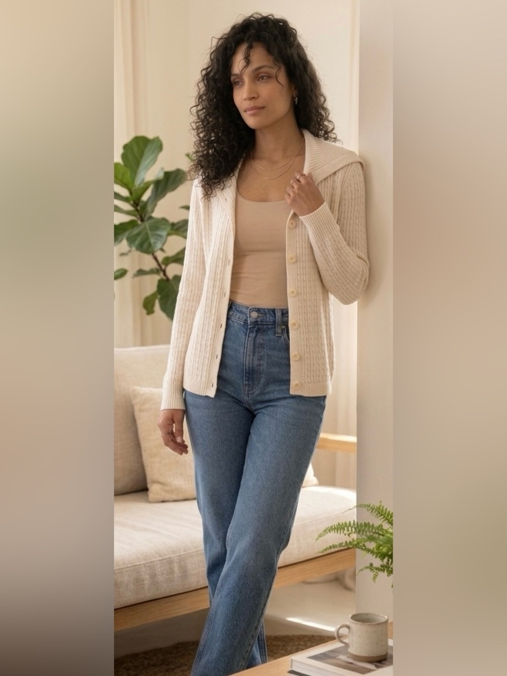 Croft & Barrow Cream Cable Knit Button Cardigan Medium Cotton Cozy Sweater